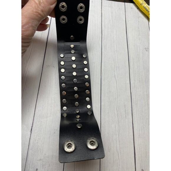 Black Wide Faux Leather Cuff Bracelet with Clear Crystal Studs Adjustable - Picture 4 of 5